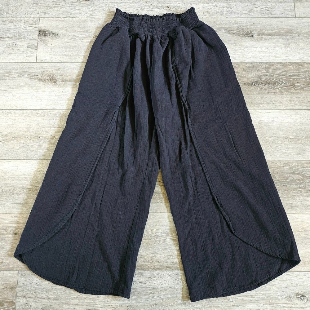 Muslin Comfort XXL Cotton Pull-On High Slit Wide Leg Pants Smocked Waist Black